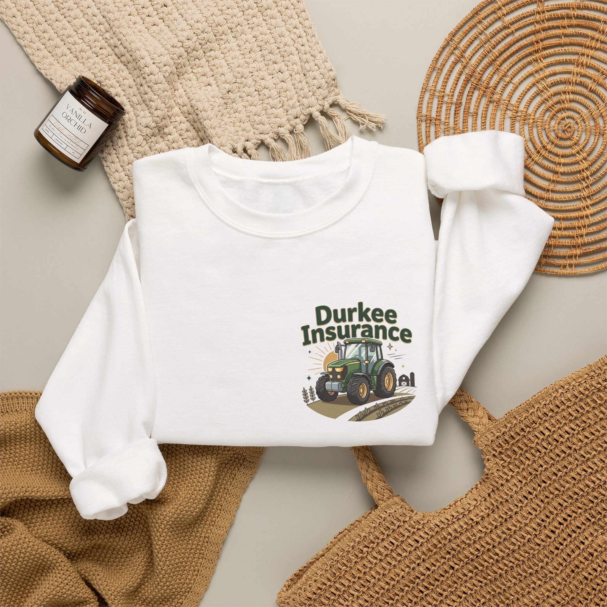 Tractor Crewneck Sweatshirt — "Durkee Insurance" Farm Logo