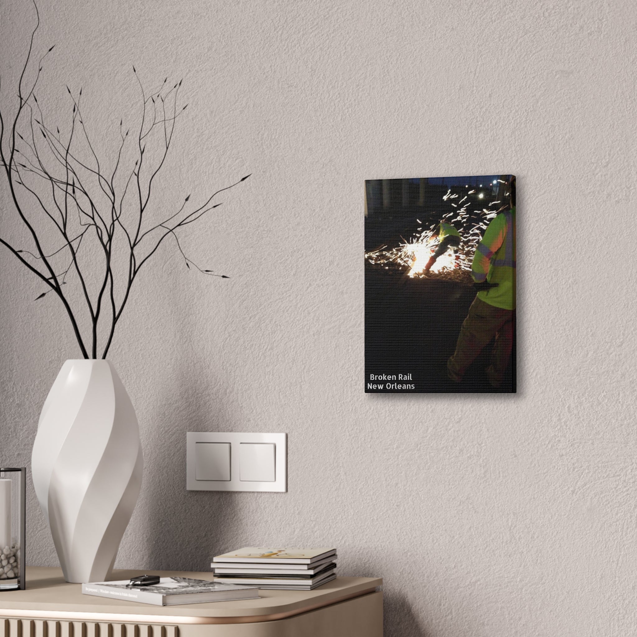 Canvas Print - "Broken Rail, New" Railroad Worker Night Repair Wall Art