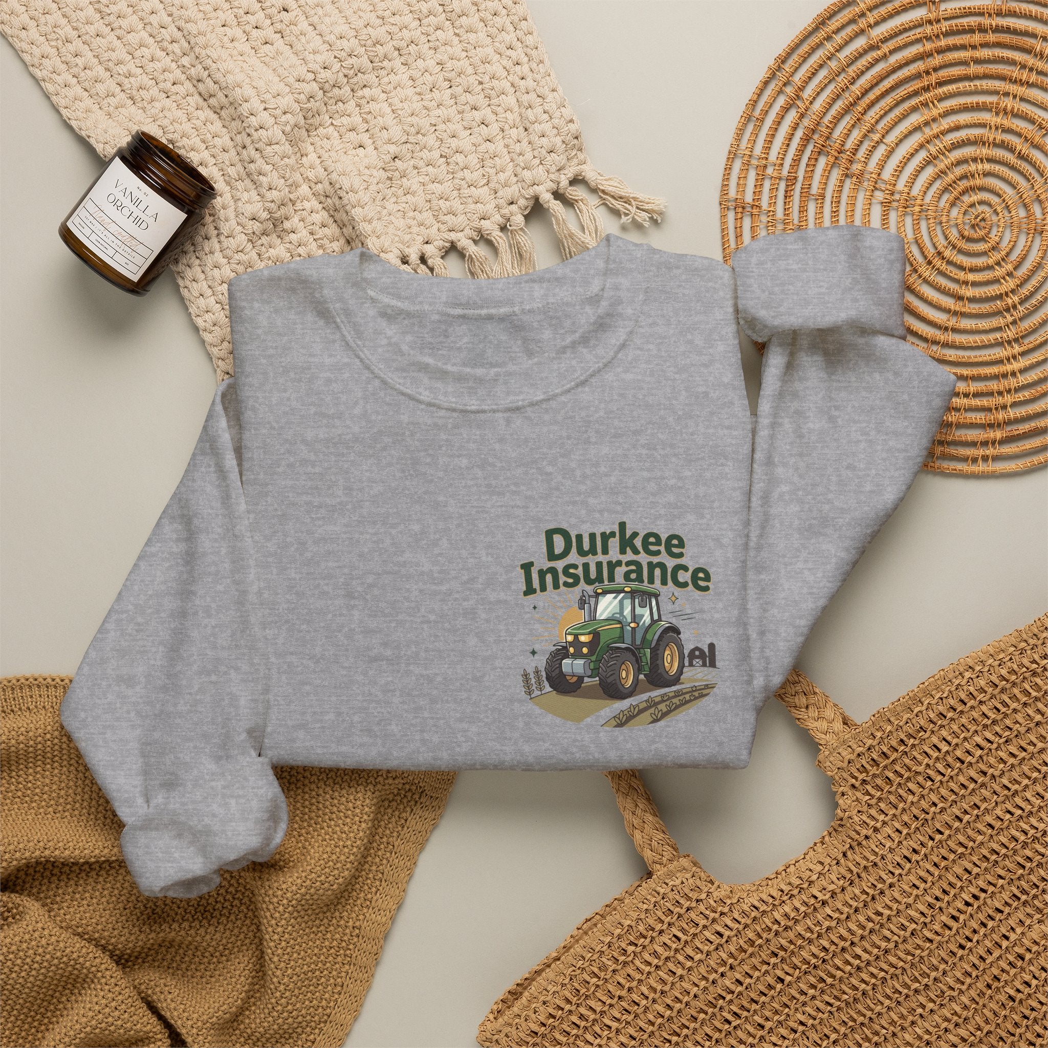 Tractor Crewneck Sweatshirt — "Durkee Insurance" Farm Logo