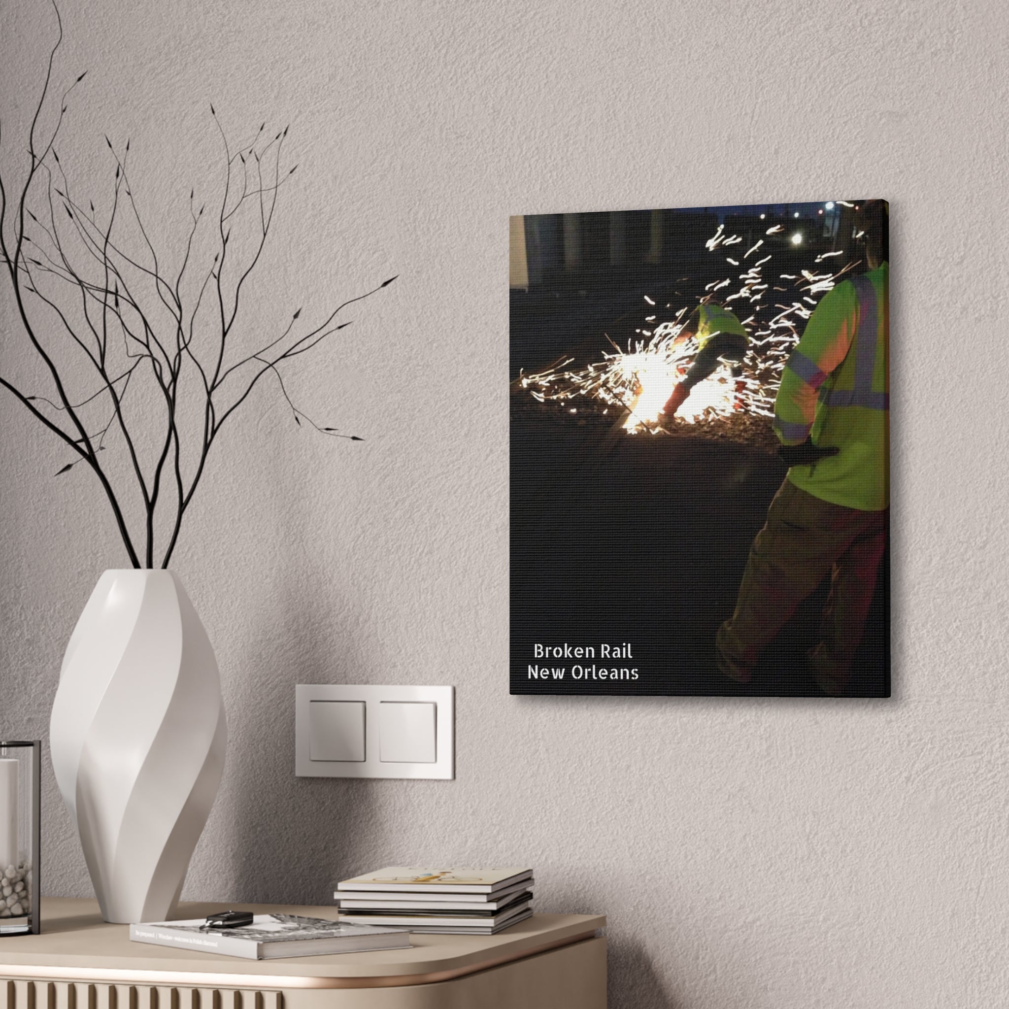 Canvas Print - "Broken Rail, New" Railroad Worker Night Repair Wall Art